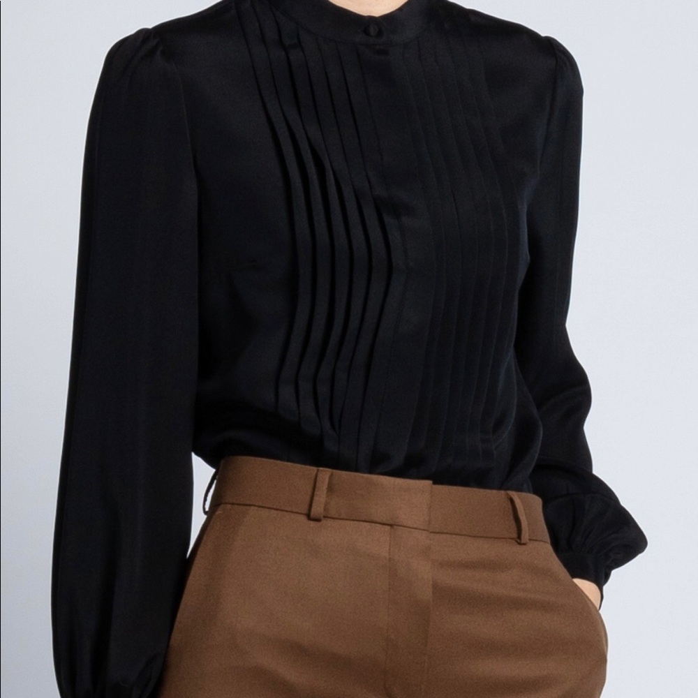 Luxury black silk pleated blouse with mandarin collar. Classic black blouse.